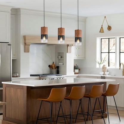 3-Pack Modern Pendant Lights for Kitchen Island, Adjustable Black Pendant Light Fixtures with Brown Wood Grain, Industrial Glass Pendant Lights for Dining Table Hallway Bedroom Living Room