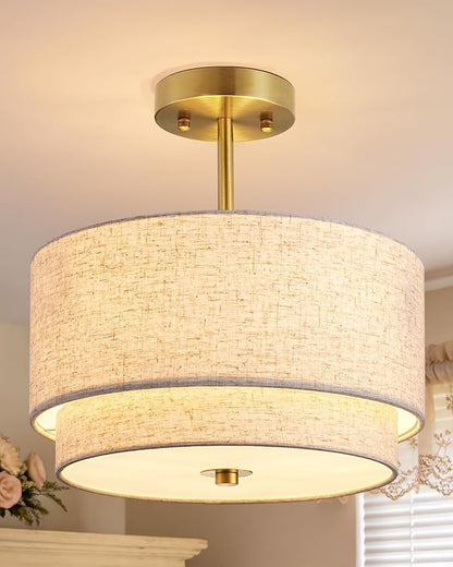 EDISHINE 12.6Inch Semi Flush Mount Ceiling Light, 3-Light Close to Ceiling Light Fixtures with Double Drum Linen Fabric Shade, Modern Mount Lamp for Bedroom Hallway Dining Room, Brushed Gold