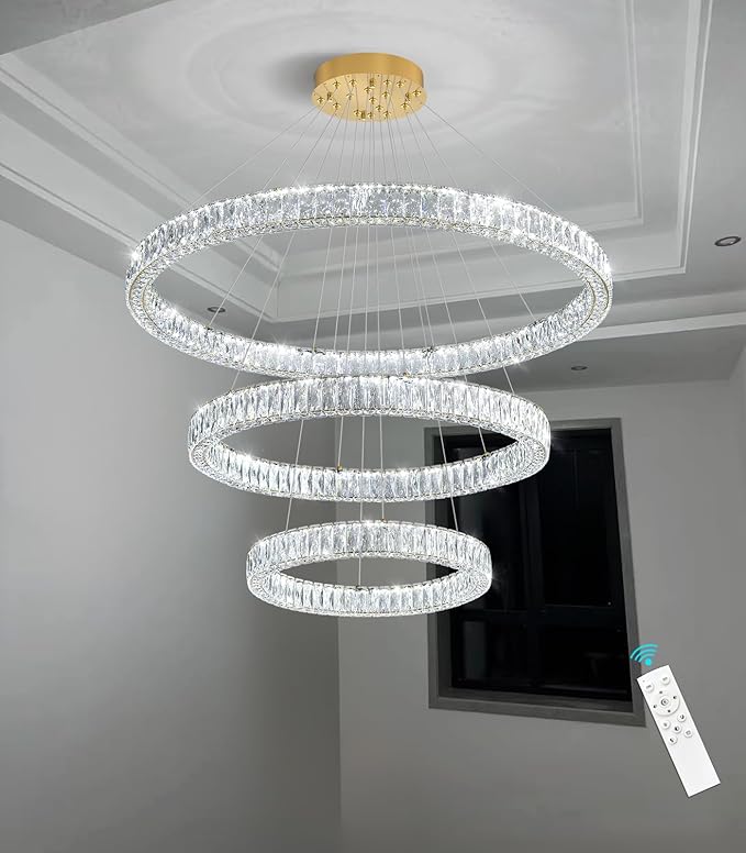 HAIXIANG Large Glam Chandelier Crystal LED 3 Rings Chandeliers Adjustable Hanging Ceiling Pendant Lights Fixture Gold 24"+32"+40" Ring Lighting for Living Room Foyer Entryway High Ceiling
