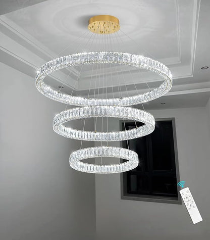 HAIXIANG Large Glam Chandelier Crystal LED 3 Rings Chandeliers Adjustable Hanging Ceiling Pendant Lights Fixture Gold 24"+32"+40" Ring Lighting for Living Room Foyer Entryway High Ceiling