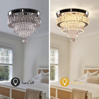 Finktonglan 11.8" Crystal Chandeliers, Modern Crystal Ceiling Light LED Small Chandeliers Semi Flush Mount Chandelier Room Light for Bedrooms Living Room Hallway (2700K Warm Light)