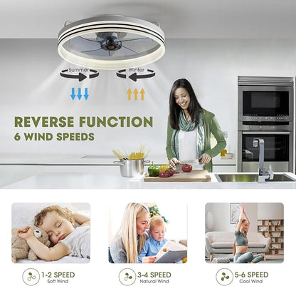 LUDOMIDE Ceiling Fans with Lights, Flush Mount Ceiling Fan with Lights and Remote, 6 Wind Speeds Smart Low Profile Ceiling Fan for Bedroom, Dining Room and Kitchen 20" (White)