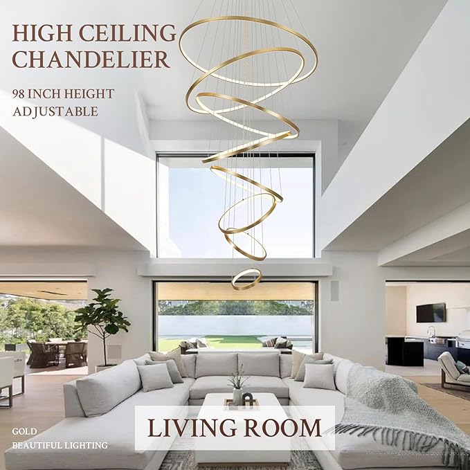 Modern LED Chandelier 8 Rings Dimmable Gold High Ceiling Chandelier Foyer, Large LED Contemporary Pendant Lighting for Staircase Entryway Living Room, D35’’ 3000K-6500K