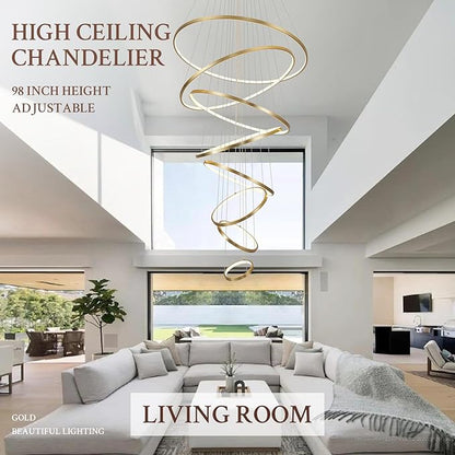 Modern LED Chandelier 8 Rings Dimmable Gold High Ceiling Chandelier Foyer, Large LED Contemporary Pendant Lighting for Staircase Entryway Living Room, D35’’ 3000K-6500K