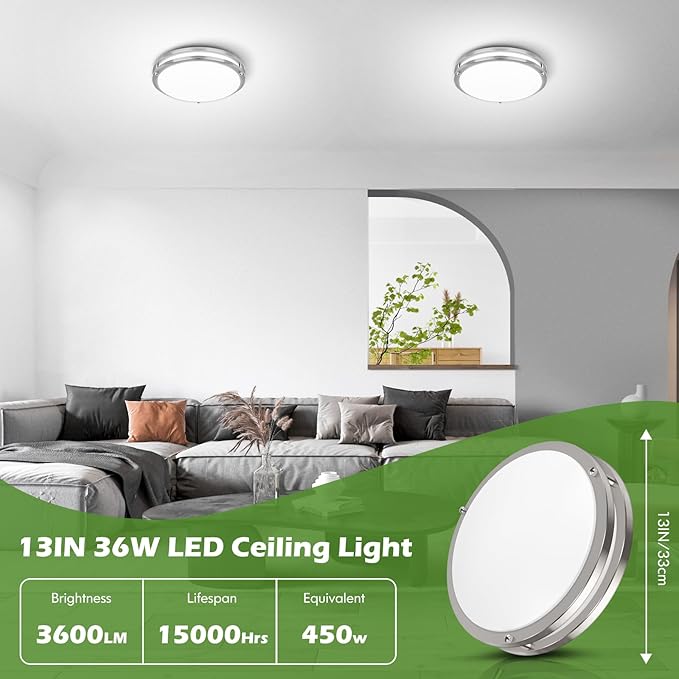 GoBright 2-Pack 13 inch Dimmable LED Ceiling Light Fixture, 36W Super Bright 3600 Lumens Brushed Nickel Flush Mount Light Fixture, 2700K-6500K Adjustable Ceiling Lights for Bedroom, Kitchen, Bathroom