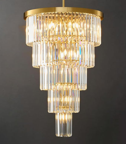 High Ceiling Chandelier Crystal Modern: 24" 5-Tiered Dimmable Staircase Chandeliers - Large Long Gold Hanging Pendant Light Fixture For Entryway Foyer Living Room - Round Flush Mount Ceilings Lights