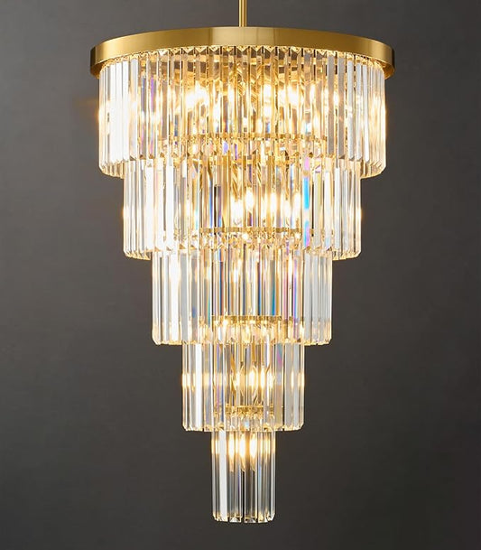 High Ceiling Chandelier Crystal Modern: 24" 5-Tiered Dimmable Staircase Chandeliers - Large Long Gold Hanging Pendant Light Fixture For Entryway Foyer Living Room - Round Flush Mount Ceilings Lights