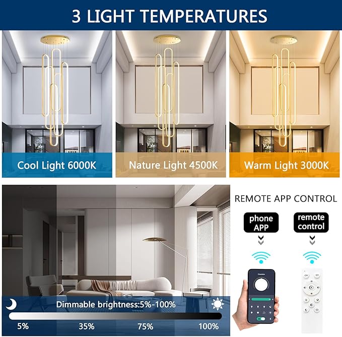 Modern Large Chandelier for Foyer LED Dimmable Black Chandeliers 6 Rings High Ceiling Chandelier for Staircase Living Room Villa