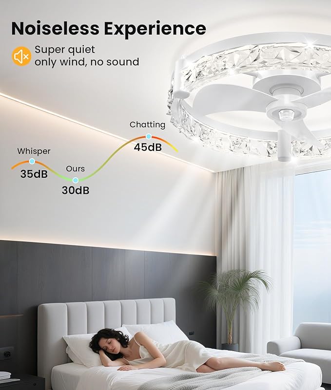 Ceiling Fans with Lights and Remote App 20'' Low Profile Ceiling Fan 3000-6500K Dimmable Modern Flush Mount Ceiling Fan Light LED 6 Speeds Fandelier Ceiling Fans for Bedroom Small Living Room