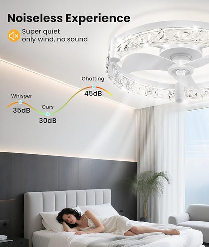 Ceiling Fans with Lights and Remote App 20'' Low Profile Ceiling Fan 3000-6500K Dimmable Modern Flush Mount Ceiling Fan Light LED 6 Speeds Fandelier Ceiling Fans for Bedroom Small Living Room