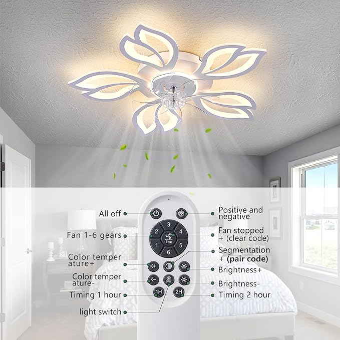 Modern Ceiling Fans with Lights, Low Profile Ceiling Fan with Remote for Bedroom, Flush Mount Ceiling Fan with LED Dimmable Light,3-Colors, 6-Speeds, Timing CeilingFan Light-White Leaves