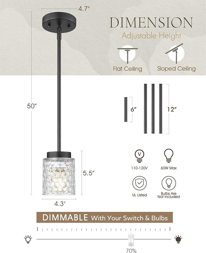 FEMILA 4.3" Pendant Lights Kitchen Island, Hammered Glass Hanging Light Fixture, Matte Black Finish, 4FY86MIL BK