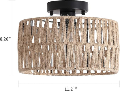 Coastal Woven Flush Mount Ceiling Light Fixture Rustic Industrial Hemp Rope Semi Flush Mount Ceiling Light for Hallway Bedroom Farmhouse Kitchen Entryway Hall, Black