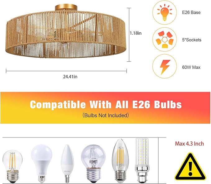 24" Natural Rattan Ceiling Light, Semi Flush Mount Gold Ceiling Light Fixture, 5-Light Boho Chandelier Antique Brass Brush Paint Farmhouse Lamp Fixture for Bedroom Living Room Kitchen Island