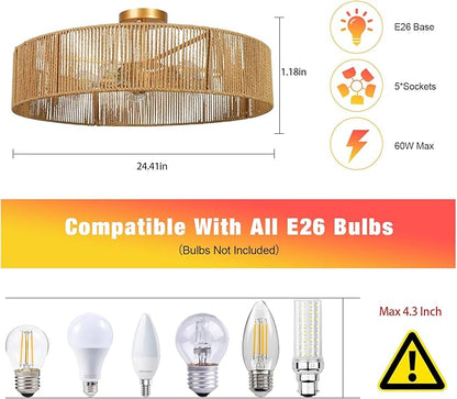 24" Natural Rattan Ceiling Light, Semi Flush Mount Gold Ceiling Light Fixture, 5-Light Boho Chandelier Antique Brass Brush Paint Farmhouse Lamp Fixture for Bedroom Living Room Kitchen Island