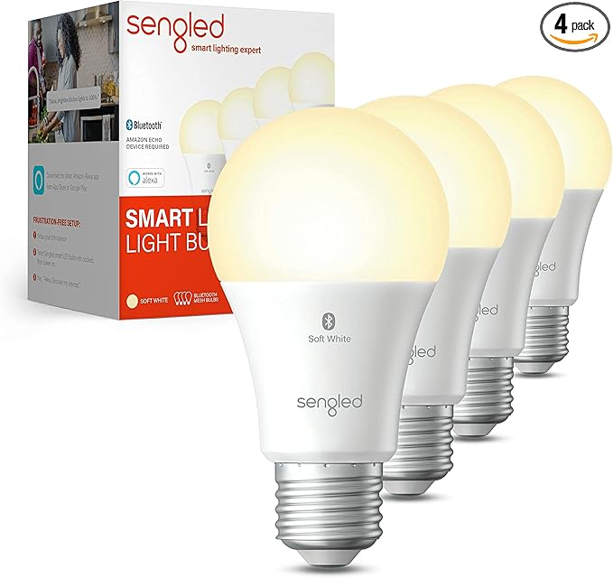 Sengled Alexa Light Bulb, S1 Auto Pairing with Alexa Devices, Warm Light Bulbs, Smart Light Bulbs that Work with Alexa, Bluetooth Mesh Smart Home Lighting, E26 60W Equivalent, 800LM, 4-Pack