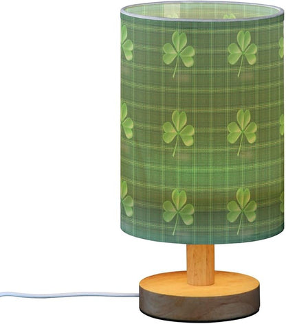 Irish Shamrock Clover on Green Plaid St Patricks Day Table Lamp with Wood Base Fabric Lamp Shade Bedside Nightstand Desk Lamp for Living Room Bedroom Kids Room Office