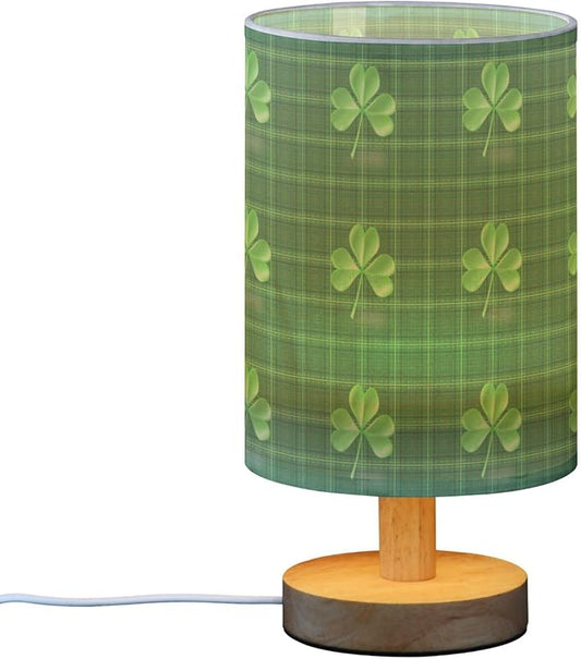 Irish Shamrock Clover on Green Plaid St Patricks Day Table Lamp with Wood Base Fabric Lamp Shade Bedside Nightstand Desk Lamp for Living Room Bedroom Kids Room Office