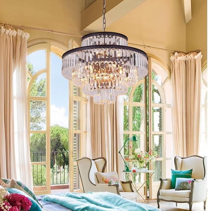 Modern Crystal Chandelier Pendant Ceiling Lights 5-Tier Chandeliers for Dining Rooms Foyer Hallway 13-Lights (Dia 24 Inch)-Oil Brown