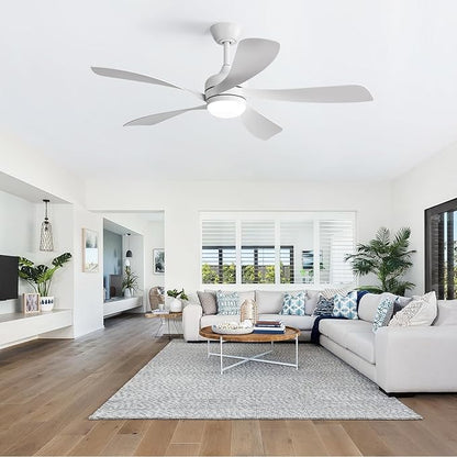 CACI Mall 52 inch White Ceiling Fans with Lights, Remote Control, Low Profile, Modern, Outdoor Ceiling Fan with with 5 Blades, Quiet Reversible DC Motor for Living Room, Bedroom, Patios