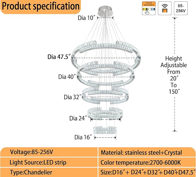 Modern Large Ring Chandelier Lighting, LED 5 Ring Crystal Chandelier High Ceiling Foyer Chandeliers for Staircase Living Room Silver D47.5''+D40''+D32''+D24''+D16''