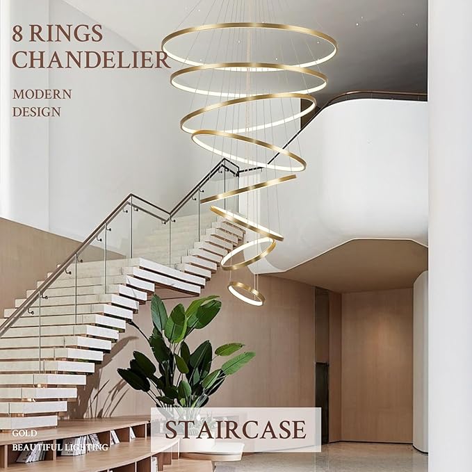 Modern LED Chandelier 8 Rings Dimmable Gold High Ceiling Chandelier Foyer, Large LED Contemporary Pendant Lighting for Staircase Entryway Living Room, D35’’ 3000K-6500K