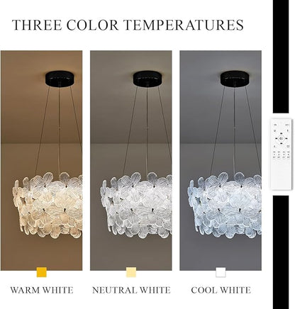 Flower LED Crystal Chandelier 20'' Modern Black Flush Mount Dimmable Chandelier Light Fixture with Remote Control for Dining Room Entryway Kitchen Bedroom(3000K-6500K)