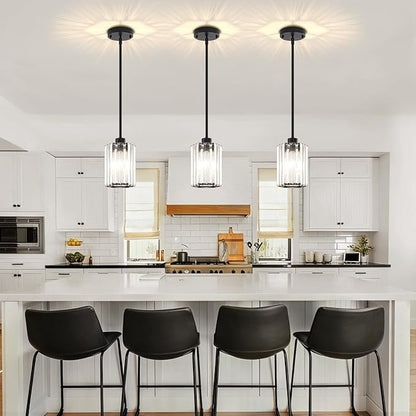 3-Pack Black Pendant Lights Kitchen Island Modern Crystal Hanging Pendant Light Hexagonal Mini Chandelier Adjustable Hanging Kitchen Lights for Dining Room Hallway Bedroom Entryway Light Fixtures