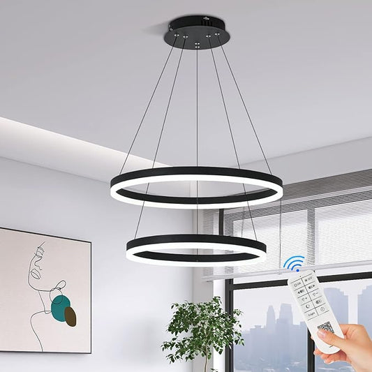 2-Rings Modern LED Chandelier Black for Dining Room, Dimmable Pendant Lighting with Remote Control Circular Flush Mount High Ceiling Light for Bedroom Living Room Foyer, 3000K-6500K