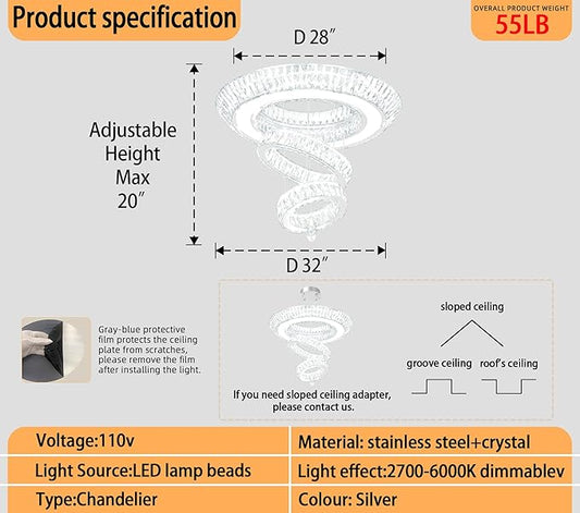 D32 Inch Modern Large Ring Crystal Chandelier Modern Luxury Ceiling Lights Fixture for Dining Living Room 3-Tier Raindrop Chandeliers Lighting LED 3000-6000K Infinity Dimmable