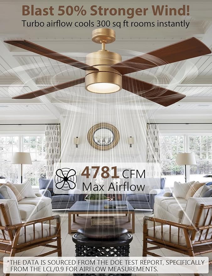 52" Outdoor Ceiling Fan with Lights and Remote – Luxury Gold Finish, Waterproof DC Motor, Reversible, Dimmable LED, Smart APP Control for Patios, Gazebo, and Indoor Spaces