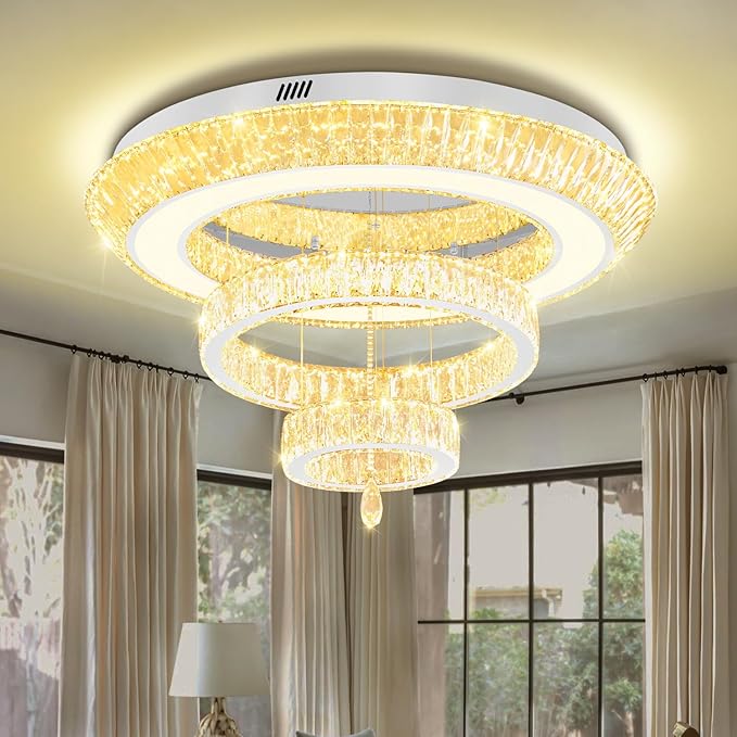 Modern Large Ring Crystal Chandelier Modern Luxury Chrome Crystal Ceiling Lights Fixture for Dining Living Room D40 Inch 3-Tier Raindrop Chandeliers LED Dimmable Lighting
