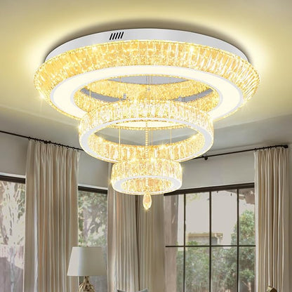 Modern Large Ring Crystal Chandelier Modern Luxury Chrome Crystal Ceiling Lights Fixture for Dining Living Room D40 Inch 3-Tier Raindrop Chandeliers LED Dimmable Lighting