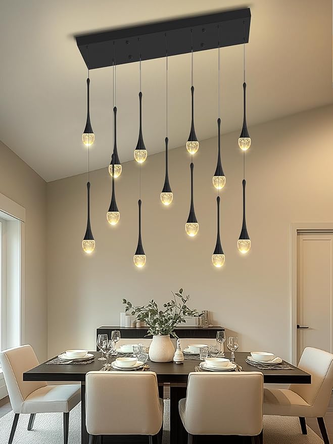 ykolupty Modern Rectangular Chandelier,14 Lights Black Raindrop Chandelier Lighting,Industrial Linear Pendant Ceiling Light Fixture for Dining Living Room Kitchen Island