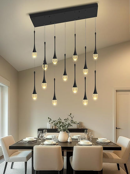 ykolupty Modern Rectangular Chandelier,14 Lights Black Raindrop Chandelier Lighting,Industrial Linear Pendant Ceiling Light Fixture for Dining Living Room Kitchen Island