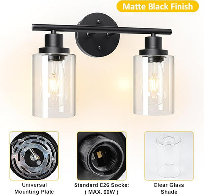Unicozin 2 Light Vanity Lights, Black Wall Sconce Light with Clear Glass, Bathroom Light Fixtures, Wall Lights for Mirror, Living Room, Bedroom, Hallway, E26 Base (Bulbs Not Included)