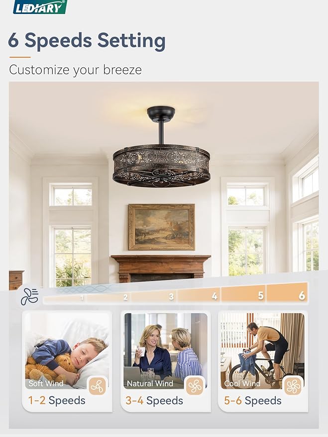 LEDIARY Farmhouse Chandelier Ceiling Fan with Light,20 Inch Black Gold Caged Enclosed Bladeless Fan Lights Ceiling Fixtures,Vintage Victorian Rustic Fandelier for Indoor,Kitchen,Bedroom,Living Room
