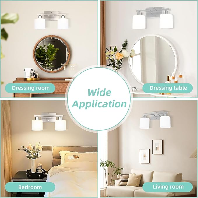 SILAMPDI Bathroom Lighting Fixtures Over Mirror Brushed Nickel, Modern 2-Light Vanity Lights Fixtures, Wall Sconces Light for Bedroom, Hallway, Milky White Glass Shades, E26 Base, Bulbs Not Included
