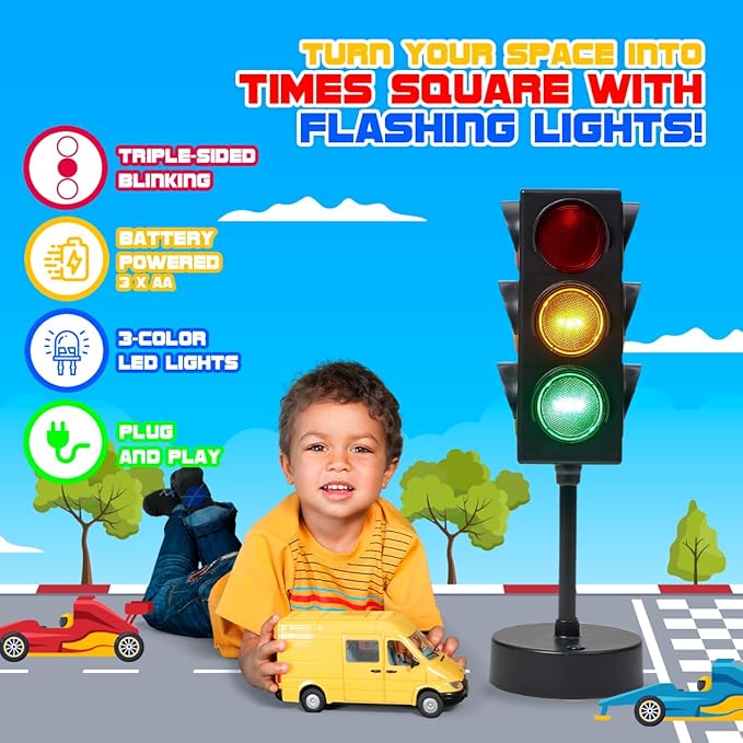 Playbees Mini Traffic Light Lamp with Base 11 inches Vibrant Decoration Working with Batteries or USB-C Traffic Light Blinking Modes Decoration for Bedrooms Stop Sign Room Decor