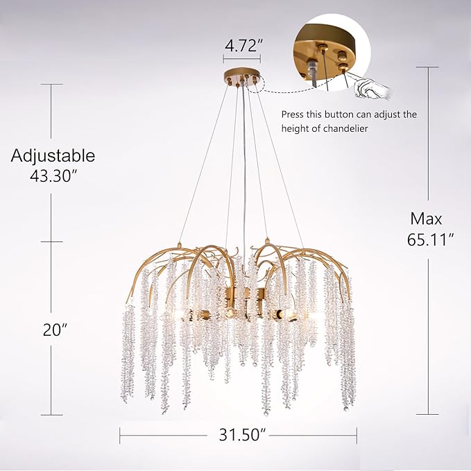 TOCHIC Modern Crystal Chandelier Gold Luxury 8-Lights Chandeliers Light Fixture Round Tree Branch Chandelier for Dining Living Room, Bedroom, Bathroom, Foyer, 31.5" W