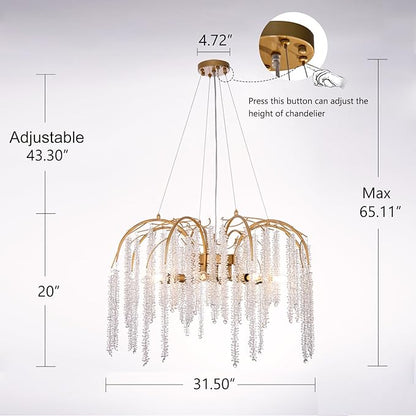 TOCHIC Modern Crystal Chandelier Gold Luxury 8-Lights Chandeliers Light Fixture Round Tree Branch Chandelier for Dining Living Room, Bedroom, Bathroom, Foyer, 31.5" W