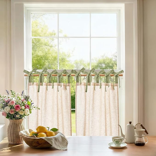 jinchan Linen Tie Top Curtains 24 Inch Length Farmhouse Cafe Curtains Set of 2 for Bedroom Bathroom Rustic Small Windows Light Filtering Crude Panels with Sage Green Ties
