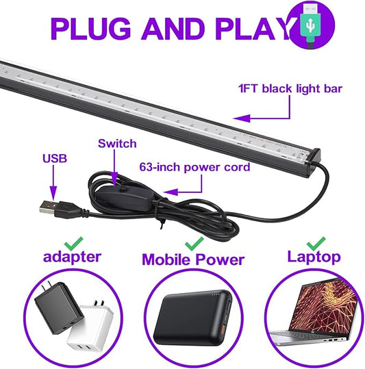 roperry Black Light Bar 10W 1ft LED Blacklight for Fluorescent Tapestry Poster Body Paint Glow Party UV Strip Lights for Cabinet and Display Magnetic (4 Pack)