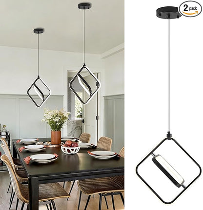 Modern Pendant Lights, LED Pendant Light Fixtures for Kitchen Island, 3000K LED Pendant Lighting for Bedroom, Bathroom, Living Room, Adjustable Height Square Chandelier, 2 Pack