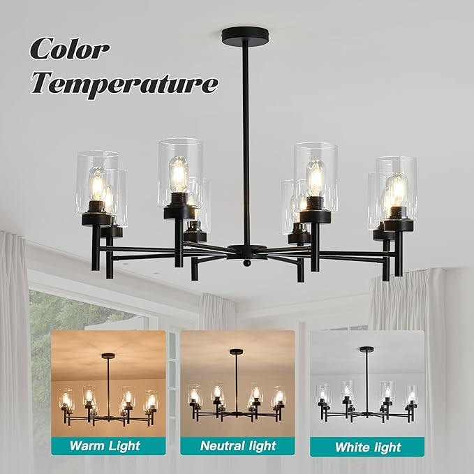 hesoge Black 8-Light Large Modern Chandelier,Clear Glass Metal Ceiling Light Fixture，Farmhouse Pendant Hanging for Kitchen Dining Room Living Room Bedroom.