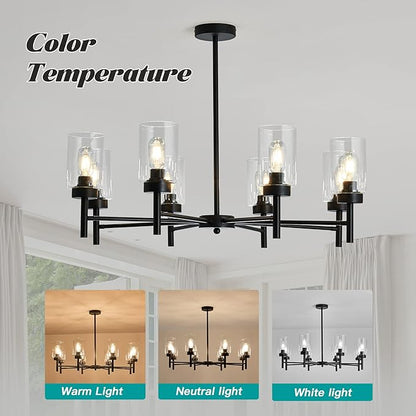 hesoge Black 8-Light Large Modern Chandelier,Clear Glass Metal Ceiling Light Fixture，Farmhouse Pendant Hanging for Kitchen Dining Room Living Room Bedroom.
