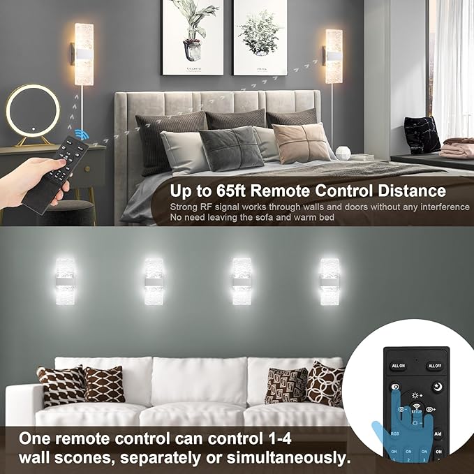 GOODATE Plug in Wall Sconces with Adjustable 3000K-6500K Colors & 10%-100% Brightness, Sconces Wall Decor Set of 2 with Remote Control, 12W Acrylic LED Plug in Wall Light (2 Pack, Corrugated Finish)