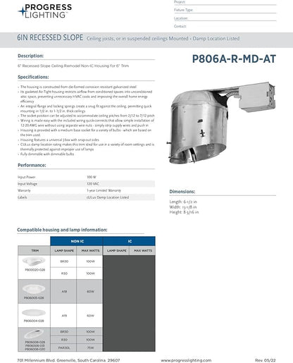Progress Lighting P806A-R-MD-AT 6" Recessed Slope Ceiling Remodel Non-IC Housing 6" Trim
