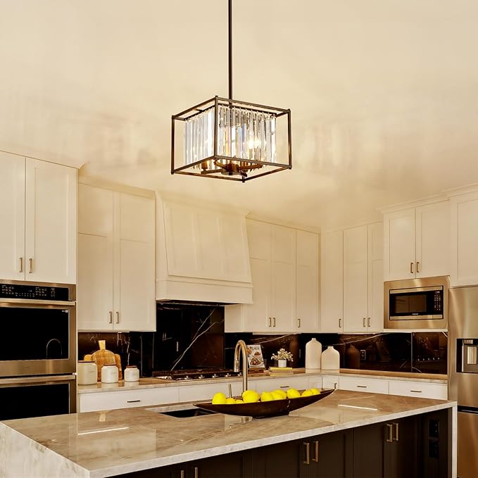 Square Black Crystal Chandeliers for Dining Room, 13" Luxury Geometric 4-Light Kitchen Farmhouse Pendant Lighting Fixture for Pool Table Entryway Foyer Hallway Office