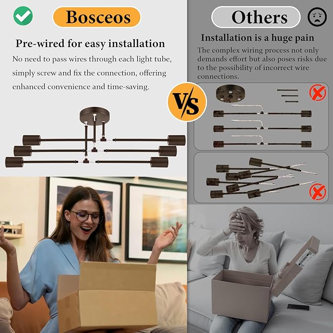 Bosceos Modern Sputnik Chandelier Ceiling Light Fixture 6-Light, Bedroom Light Fixture, Sputnik Lights Fixture for Living Room, Dining Room, Kitchen, Office, Foyer, Hallway (Brown) - E26 Base